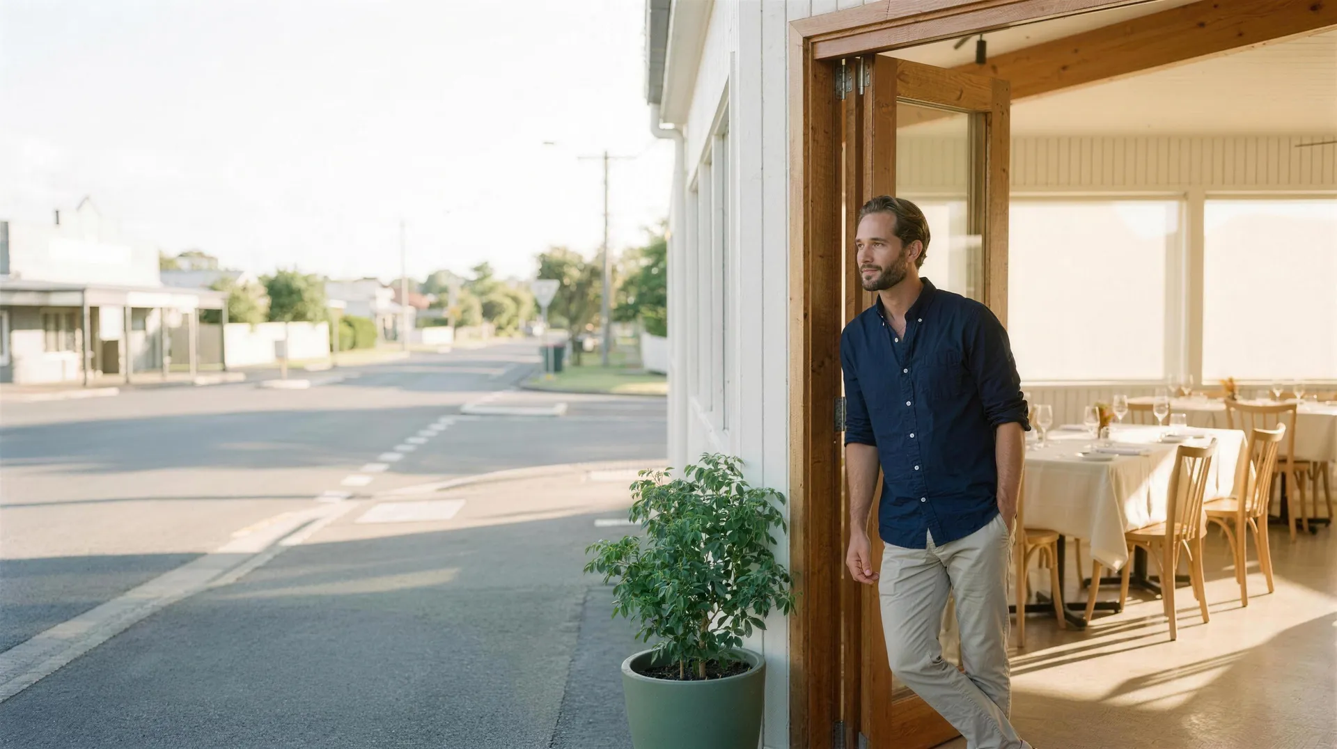 A venue owner at the open front door of his restaurant in fresh morning light, the set dining room behind him.