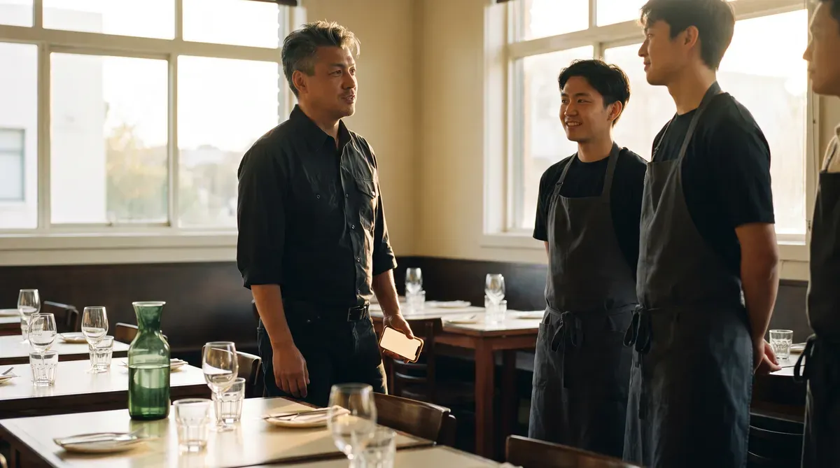 A venue owner briefing his floor team in a golden-hour dining room before doors open.