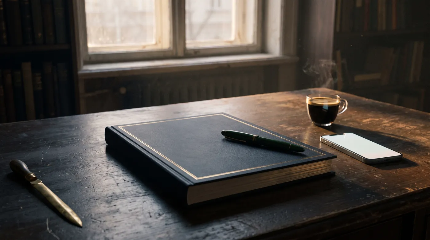 A thick bound valuation report on a dark timber desk in first light, an espresso and a phone beside it.