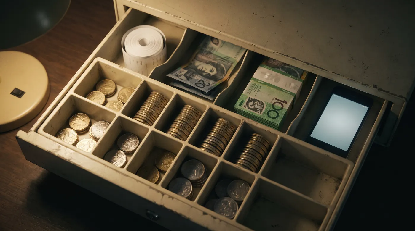An open Australian cash drawer after close, coins squared, a banded bundle of hundred-dollar notes, a phone glowing in the compartment.