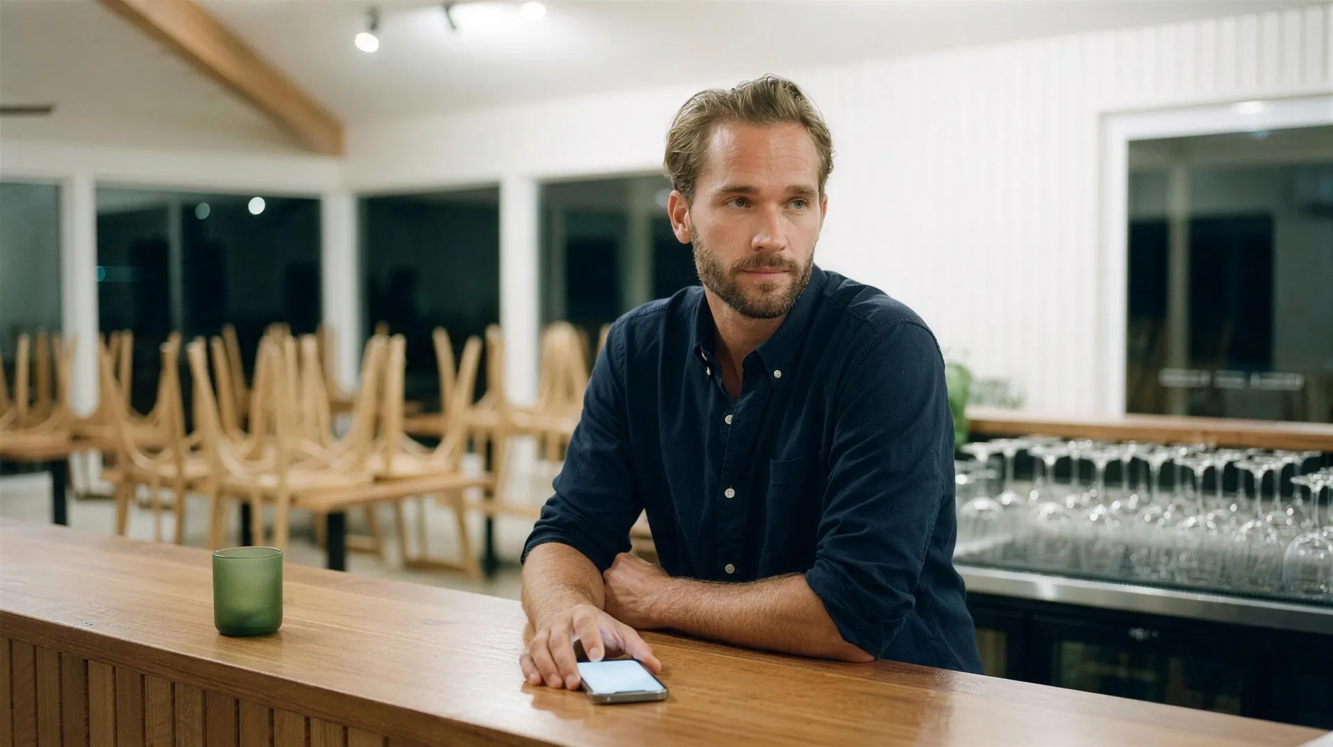 The operator behind his bar at close, house lights up, chairs on the tables, a phone glowing beside his hand.