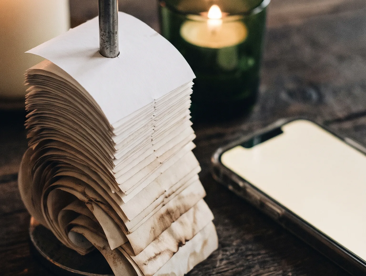A steel docket spike stacked with a whole night's receipts, a phone glowing beside it.