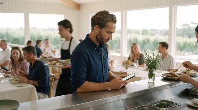 Full service: the operator glances at his phone at the pass while the bright dining room runs behind him.